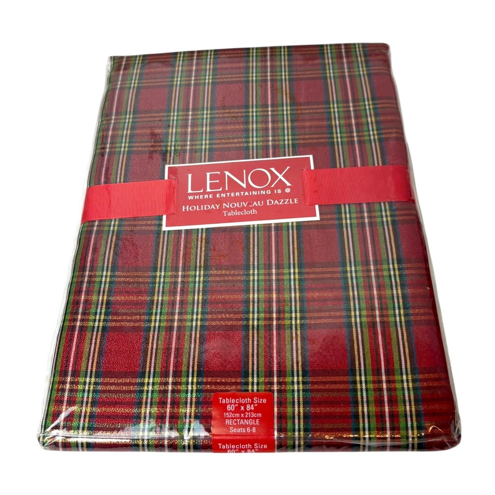 Lenox Holiday Nouveau Dazzle Tablecloth 60x84 Red Green Gold Plaid Metallic NEW‎